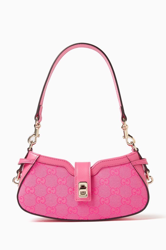 Mini Moon Side Shoulder Bag in Canvas & Calfskin, Pink