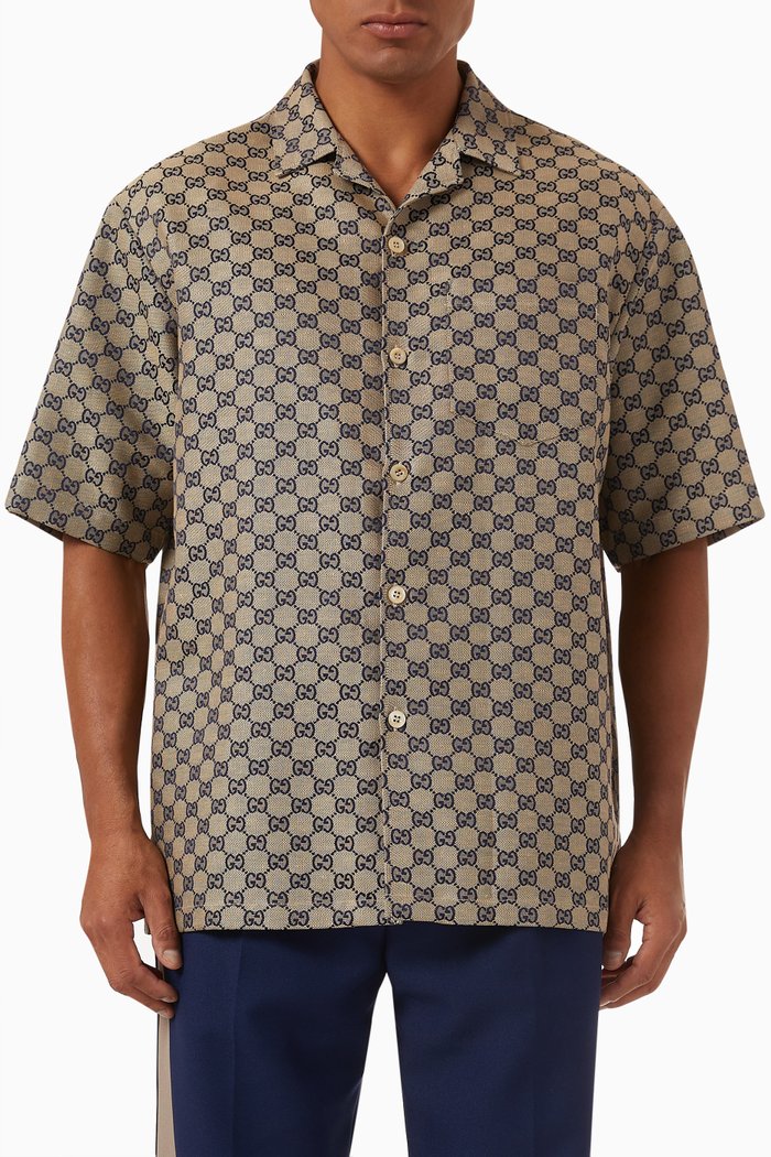 

GG Logo Shirt in Linen-blend Canvas, Neutral