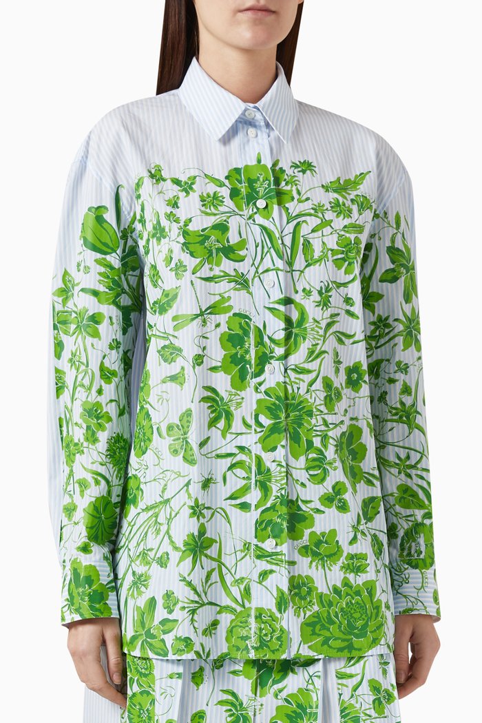 

Floral-print Pinstripe Shirt in Cotton, Blue