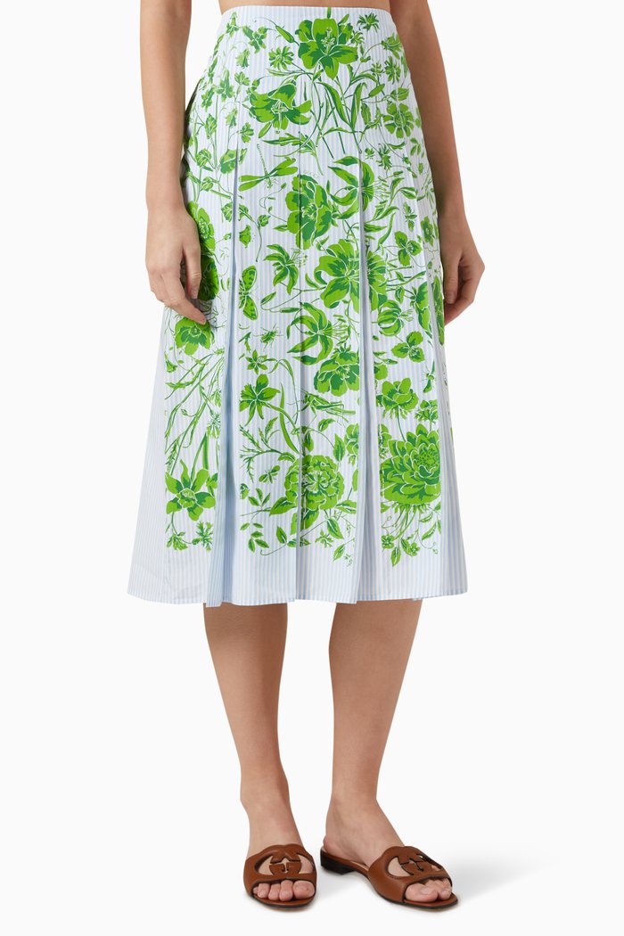 Floral-print Pinstripe Midi Skirt in Cotton, Blue