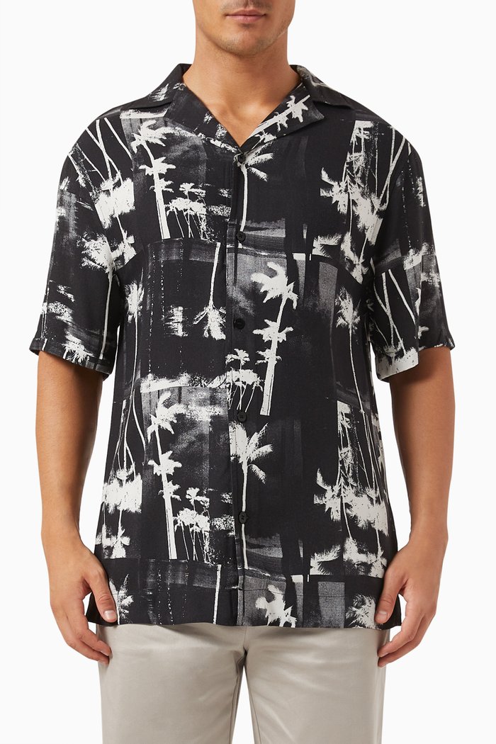 Monogram Printed Beach Shirt in Viscose, Black