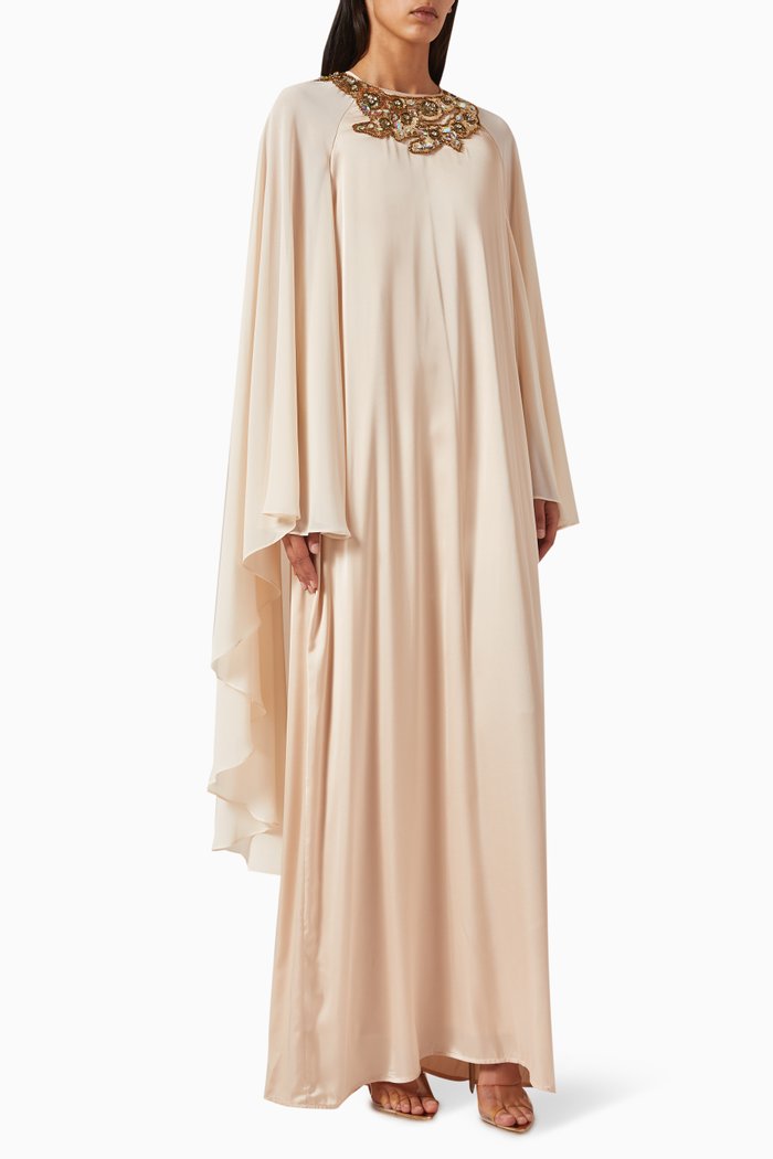 

Embellished Cape Maxi Dress in Satin, Neutral