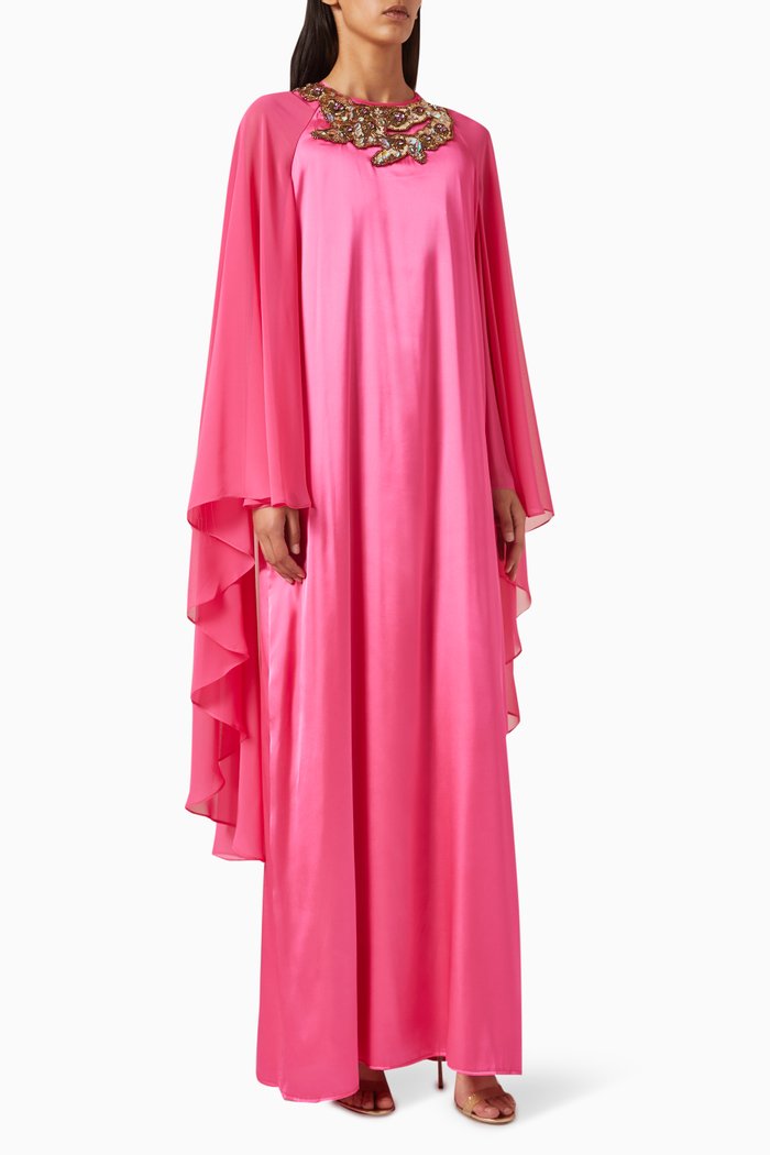 

Embellished Cape Maxi Dress in Satin, Pink