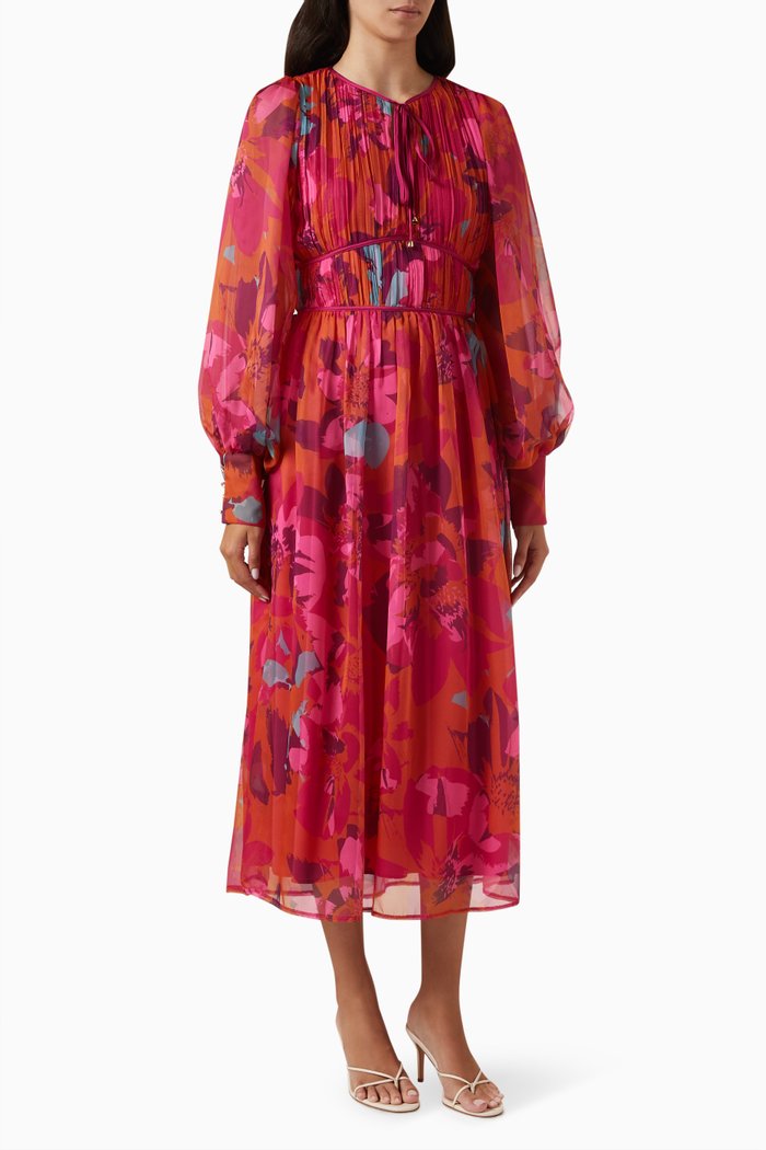 Pleated Floral-print Midi Dress, Pink