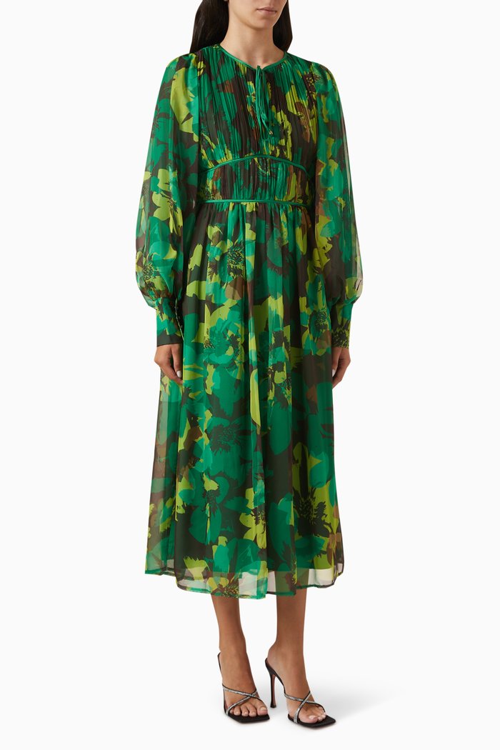 Pleated Floral-print Midi Dress, Green
