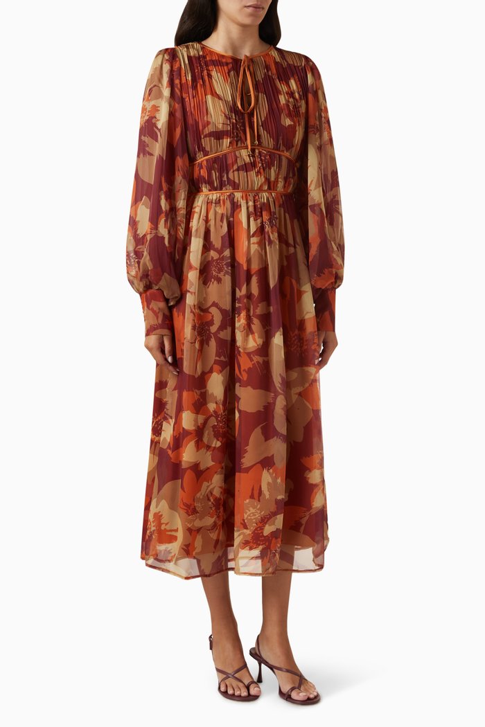 Pleated Floral-print Midi Dress, Orange