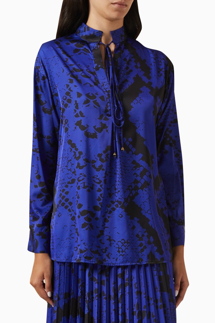 

Snake-print Tie-neck Blouse, Blue