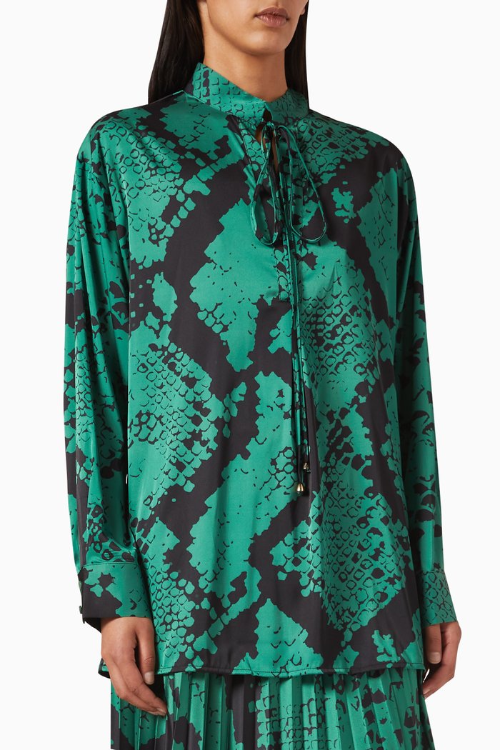

Snake-print Tie-neck Blouse, Green
