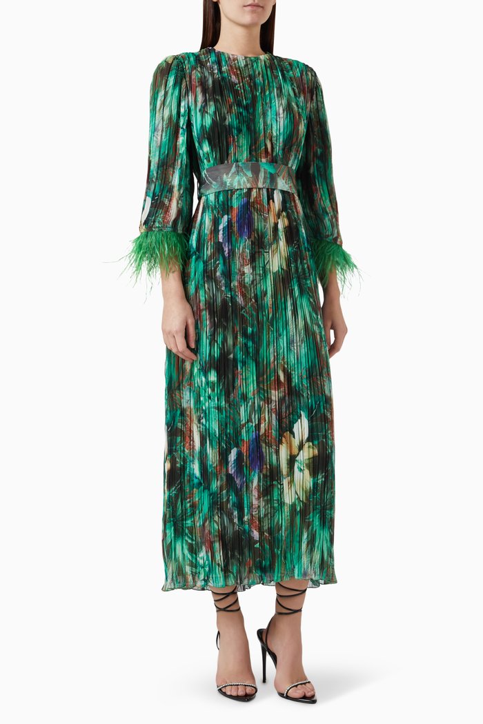 Pleated Feather-trim Midi Dress, Green
