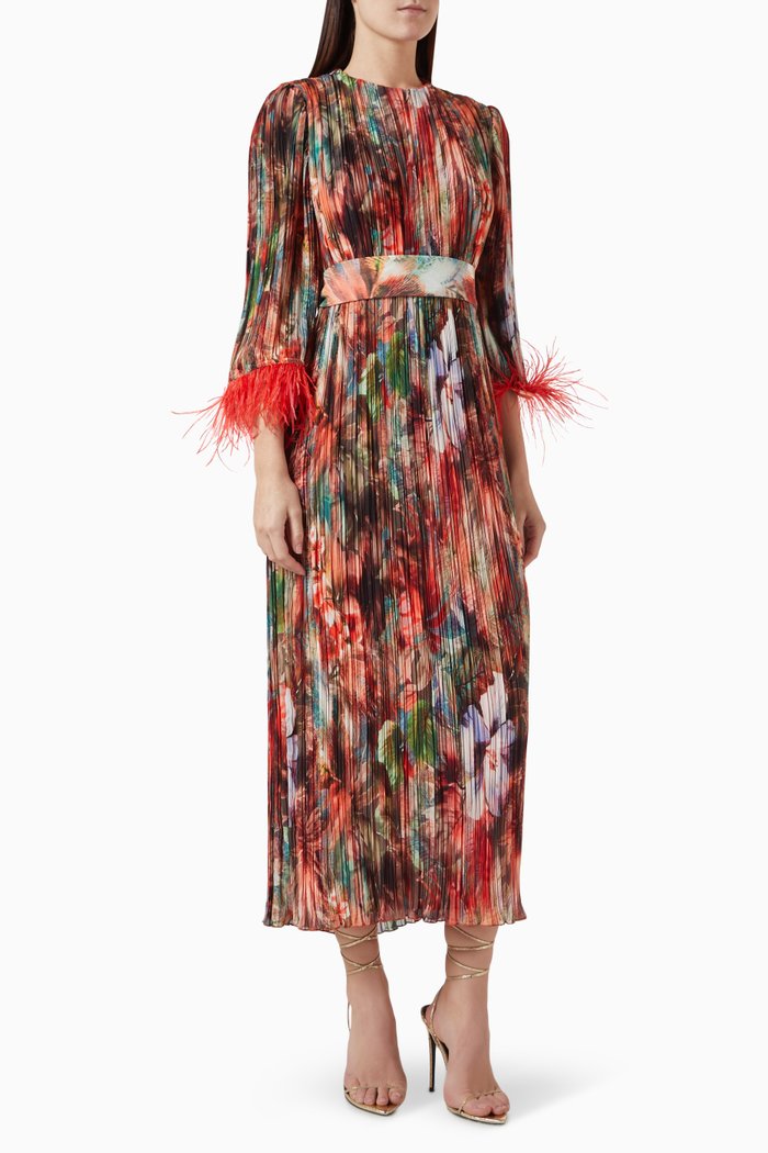 Pleated Feather-trim Midi Dress, Orange