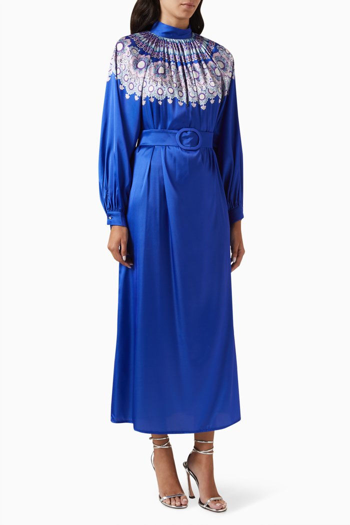 

Printed Midi Dress in Satin, Blue
