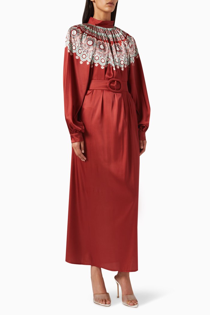 

Printed Midi Dress in Satin, Red