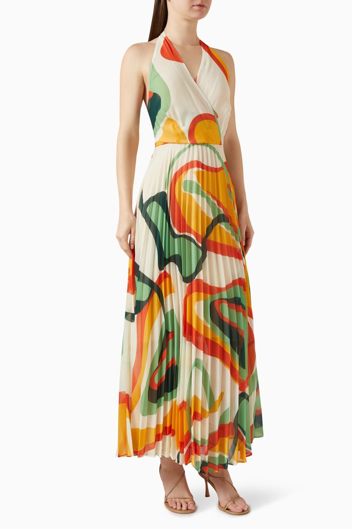 

Printed Pleated Maxi Dress, Orange