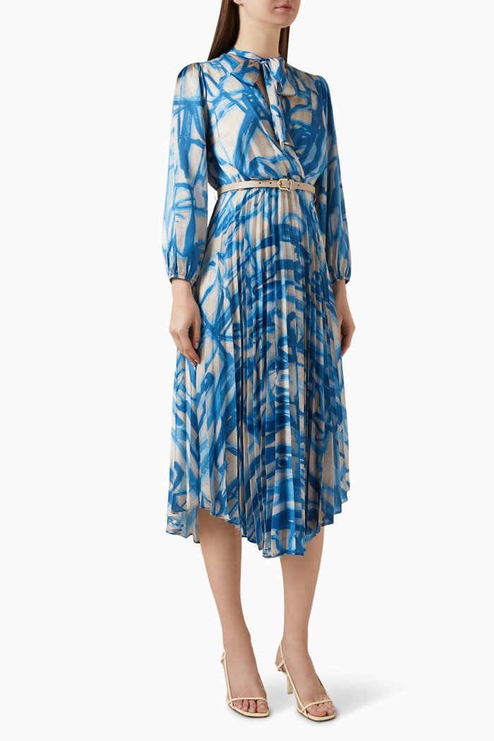 

Printed Pleated Midi Dress, Blue