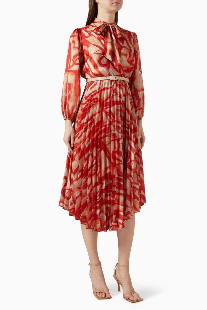 

Printed Pleated Midi Dress, Orange