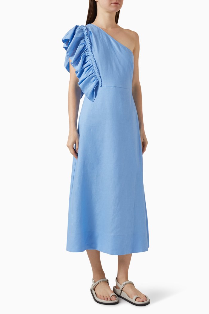 

One-shoulder Ruffled Midi Dress in Linen, Blue