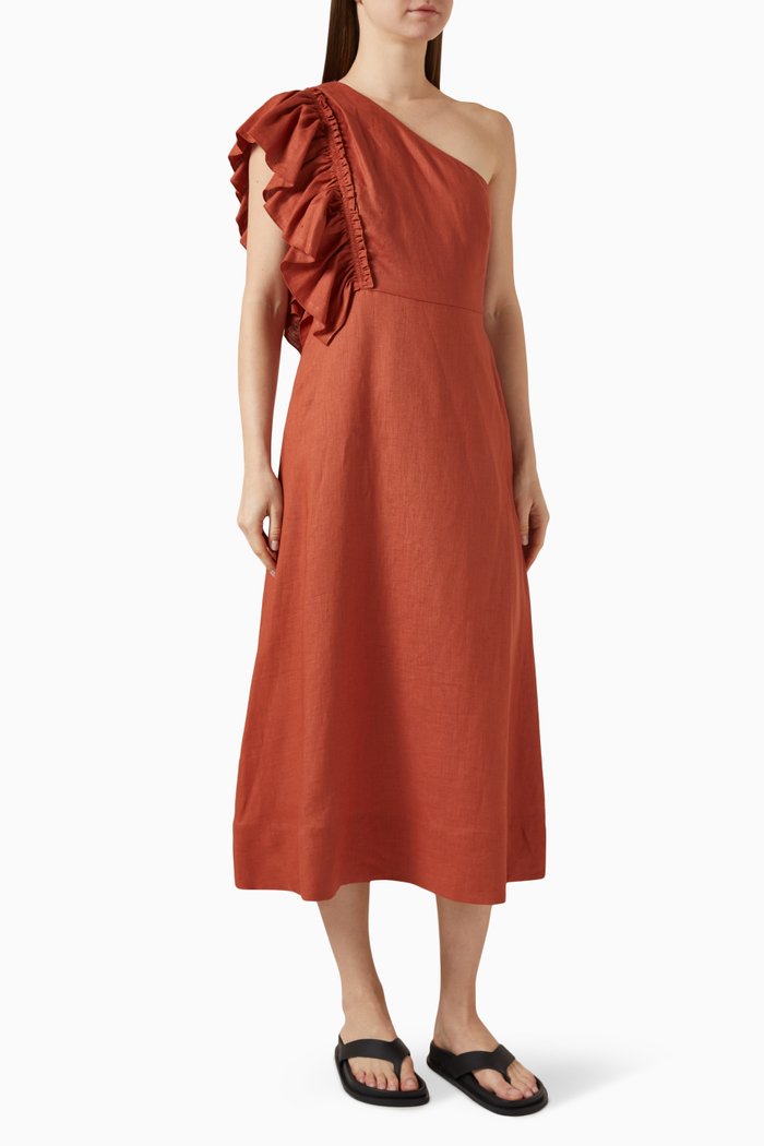 

One-shoulder Ruffled Midi Dress in Linen, Orange