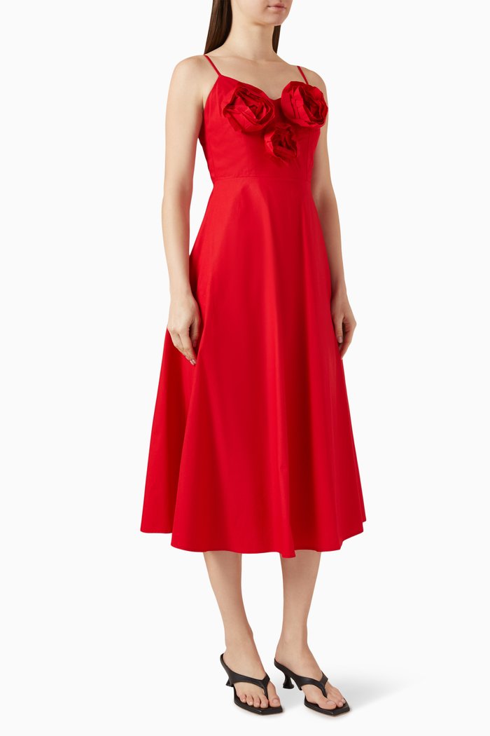Floral Appliqué Midi Dress in Cotton, Red