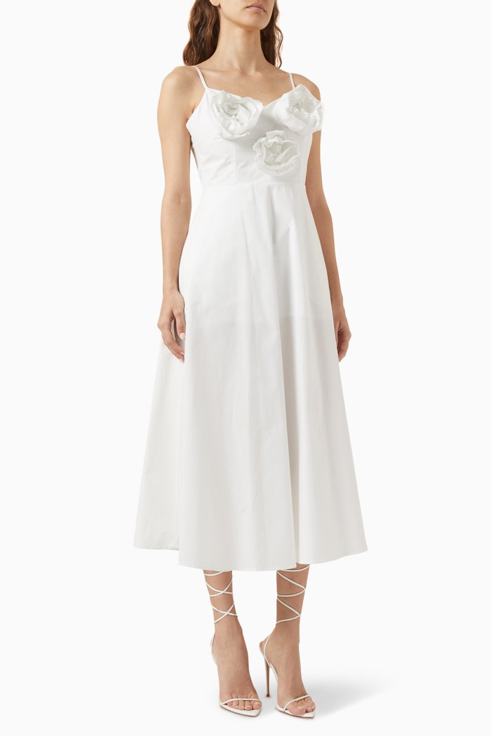 

Floral Appliqué Midi Dress in Cotton, White