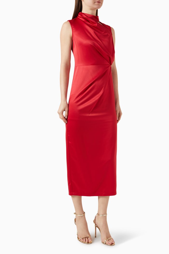 

Draped Midi Dress in Satin, Red