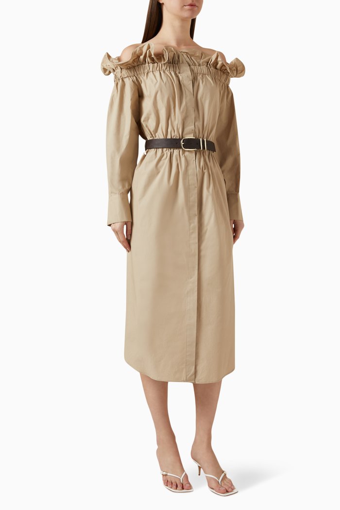 

Off-shoulder Belted Midi Dress in Cotton, Neutral
