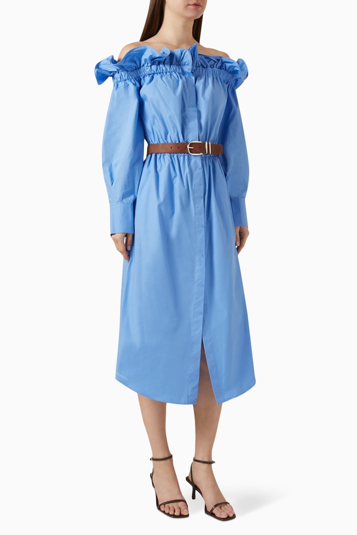 Off-shoulder Belted Midi Dress in Cotton, Blue