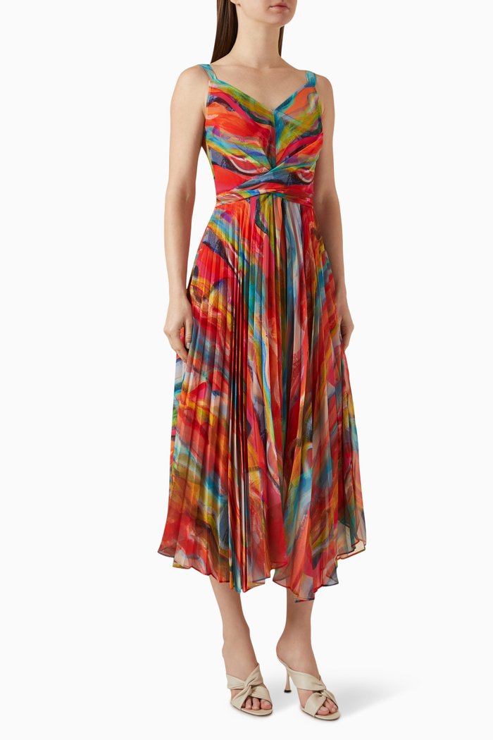 

Printed Pleated Midi Dress in Chiffon, Orange