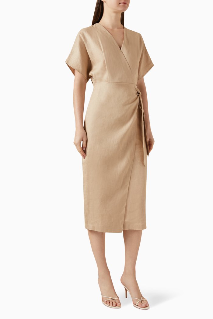 

Wrap Midi Dress in Linen, Neutral