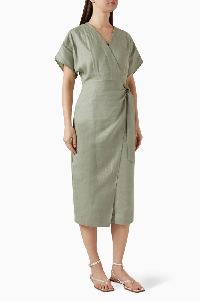 

Belted Wrap Midi Dress in Linen, Green