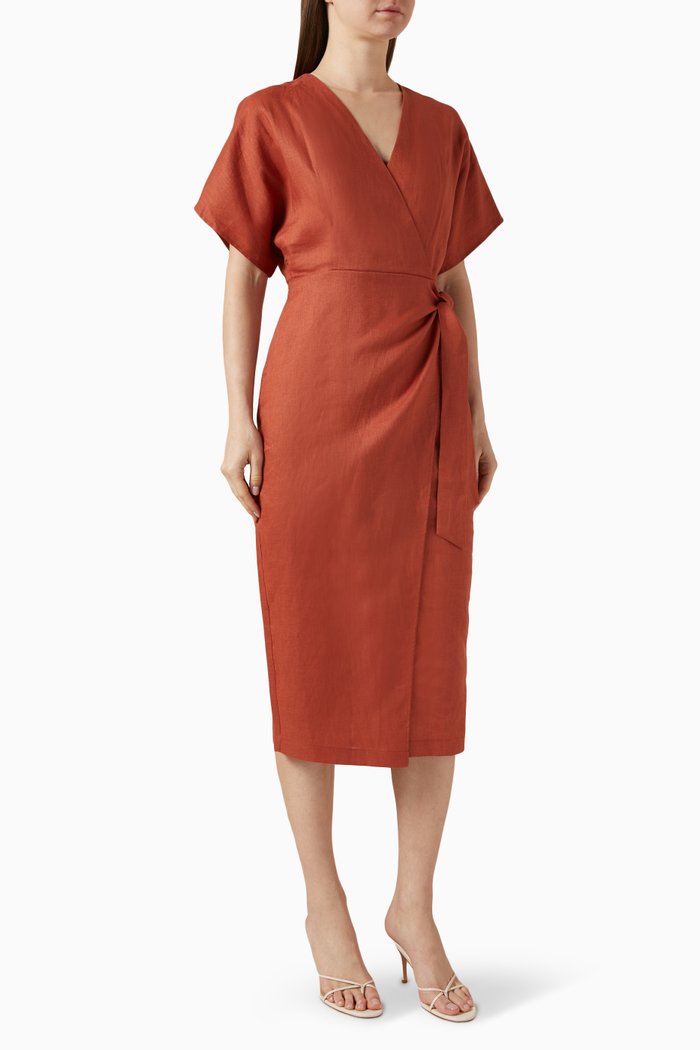

Wrap Midi Dress in Linen, Orange