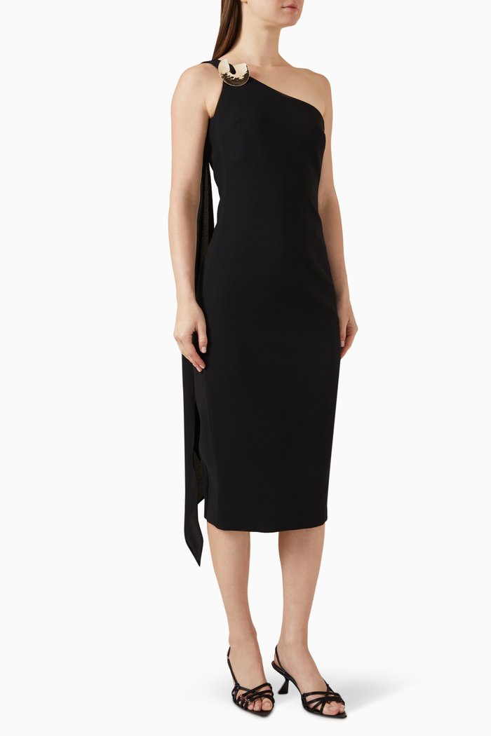 

One-shoulder Buckle Midi Dress, Black