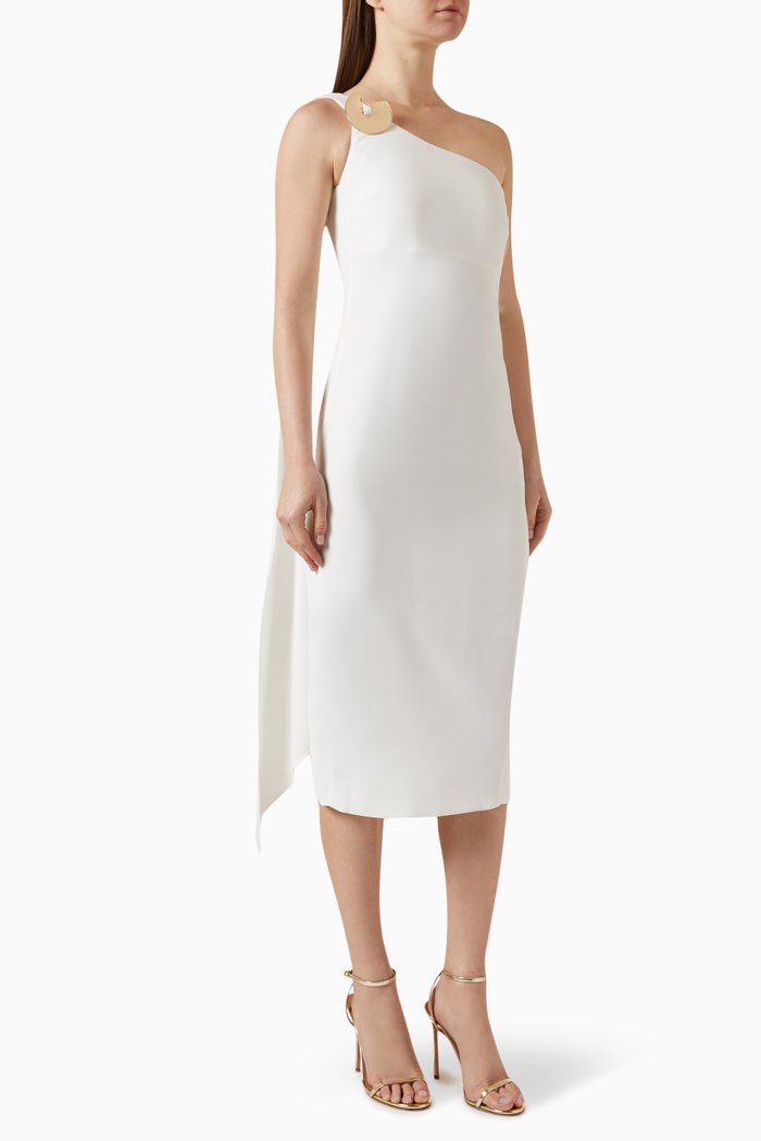 

One-shoulder Buckle Midi Dress, Neutral