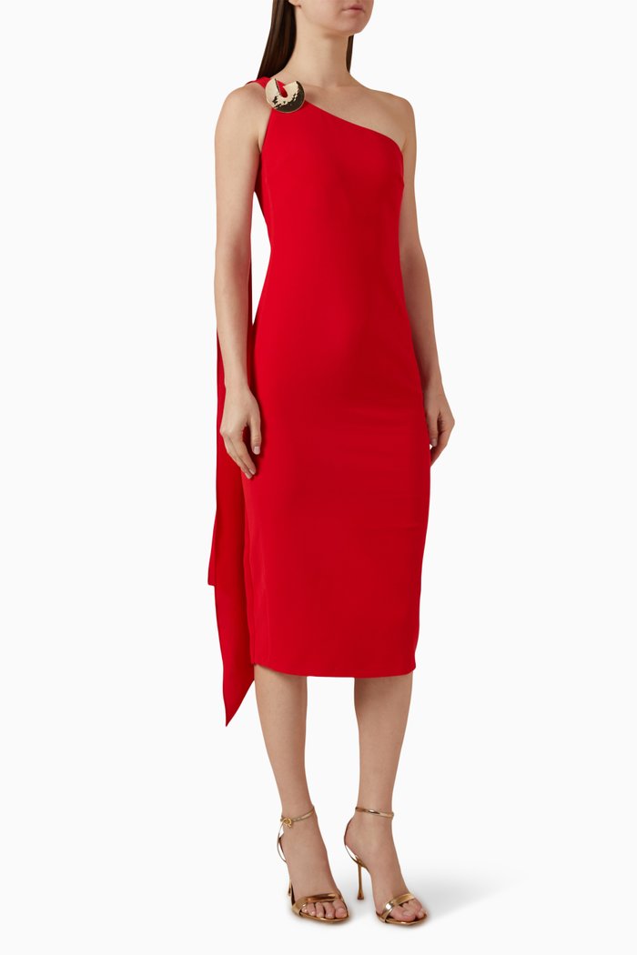 

One-shoulder Buckle Midi Dress, Red