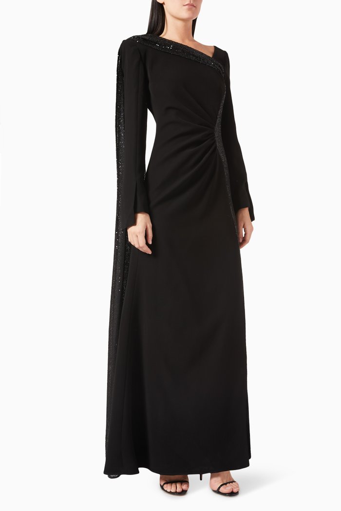 

Ruched Asymmetrical Maxi Dress in Cady & Sequins, Black