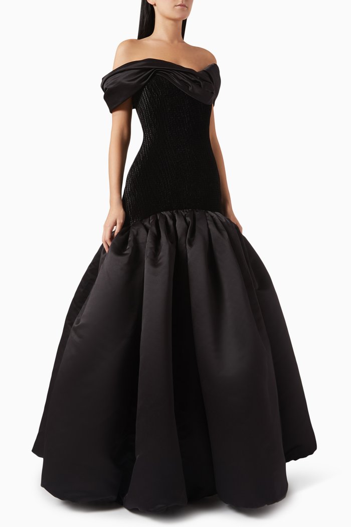 

Off-shoulder Gown in Velvet & Mikado, Black