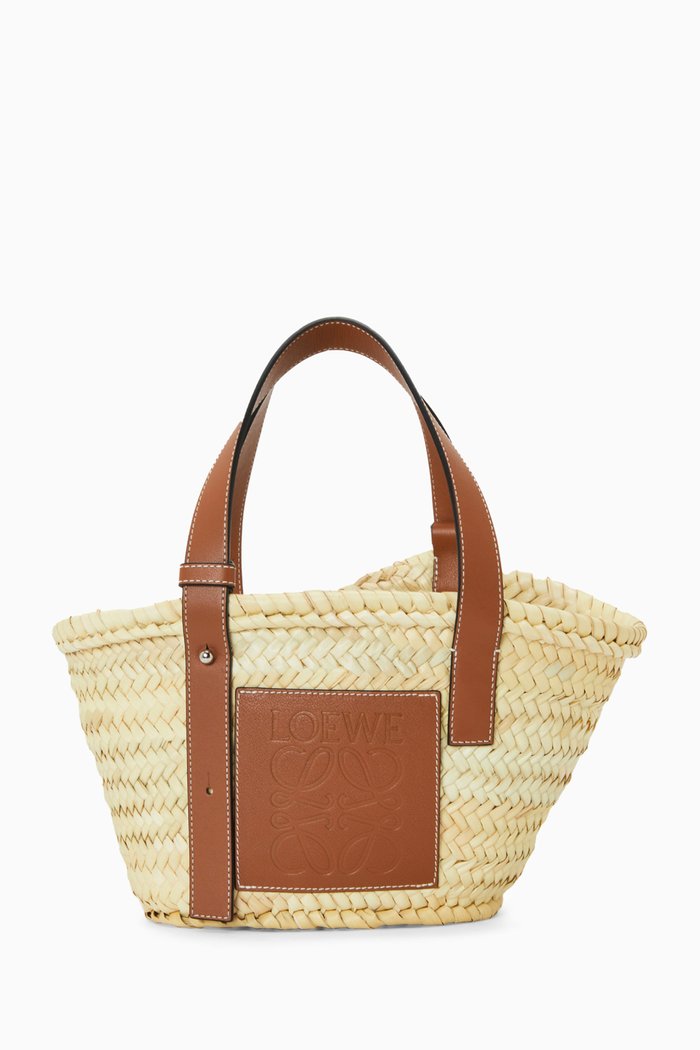 Small Basket Bag in Raffia & Leather, Neutral