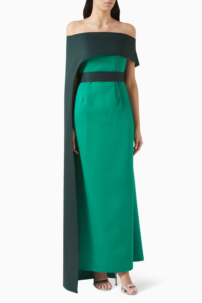 

Two-tone Off-shoulder Dress, Green