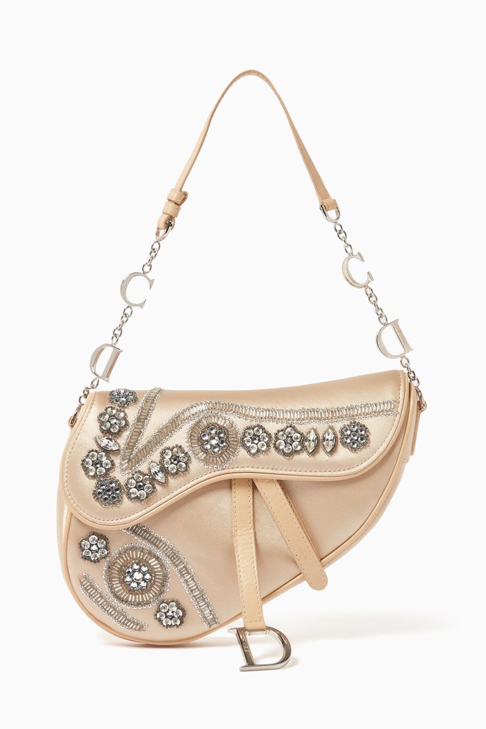 Embellished Saddle Bag in Silk Satin, Neutral