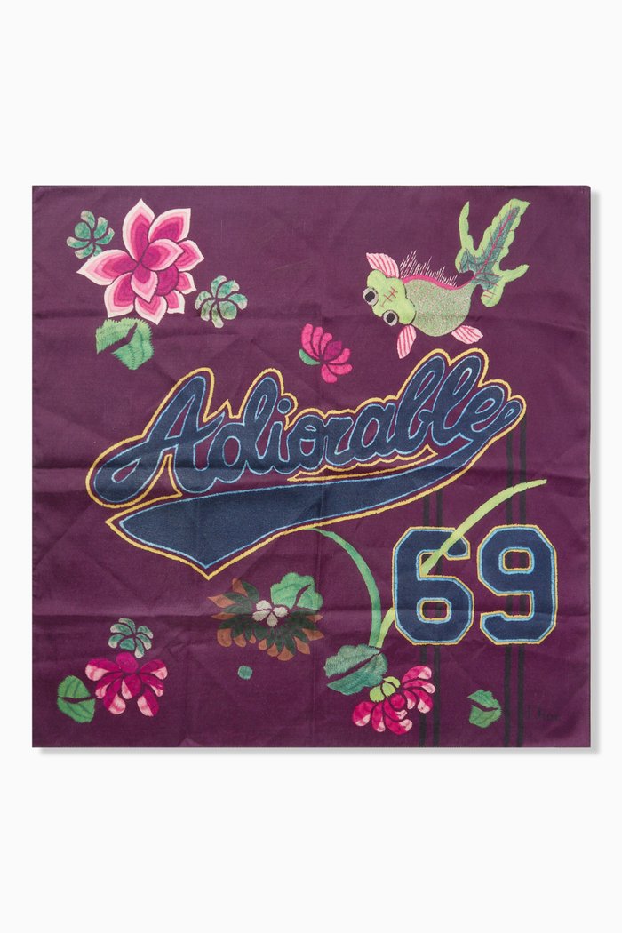 

'Adiorable 69' Printed Runway Scarf in Silk, Purple