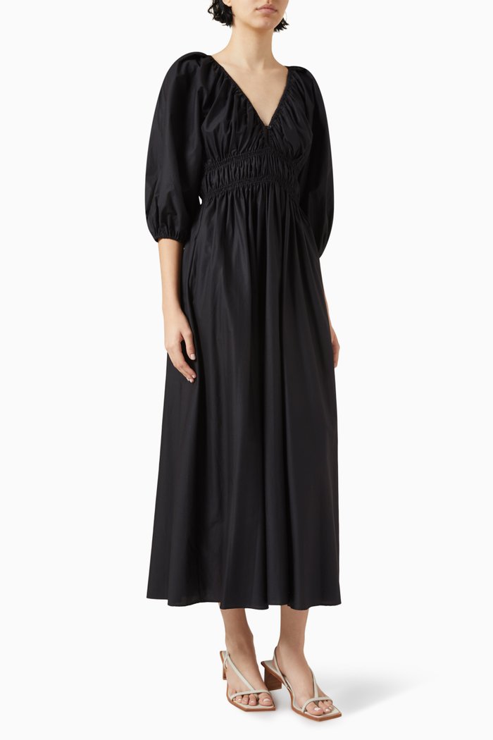 

Shirred Midi Dress in Organic Cotton, Black
