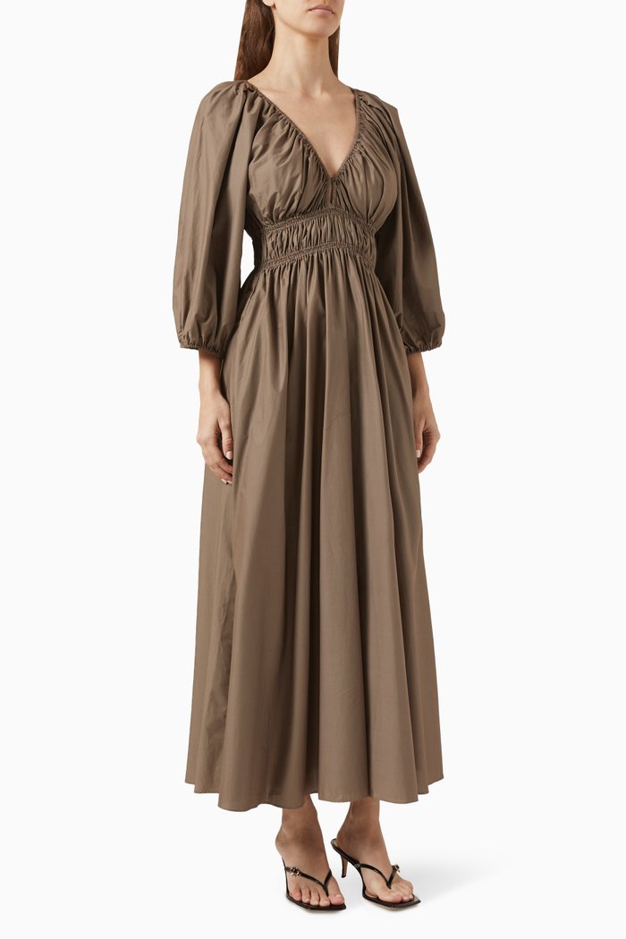 

Shirred Midi Dress in Organic Cotton, Green