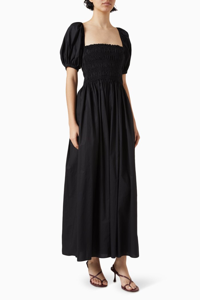 

Shirred Bodice Peasant Dress in Organic Cotton, Black