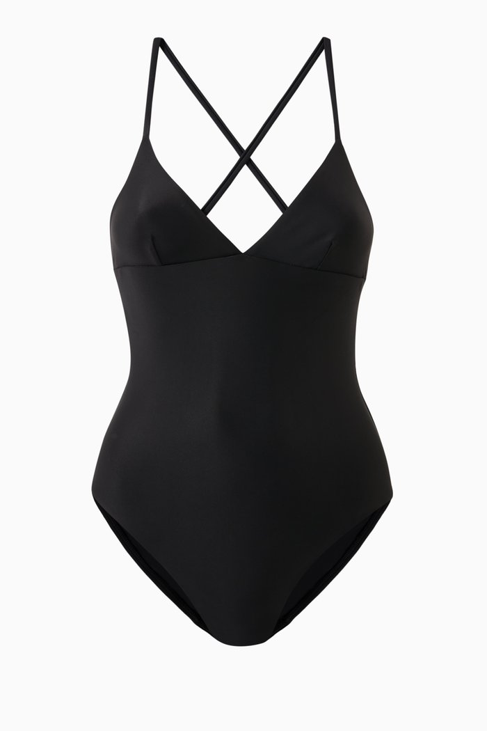 Plunge One-piece Swimsuit in Stretch Nylon, Black