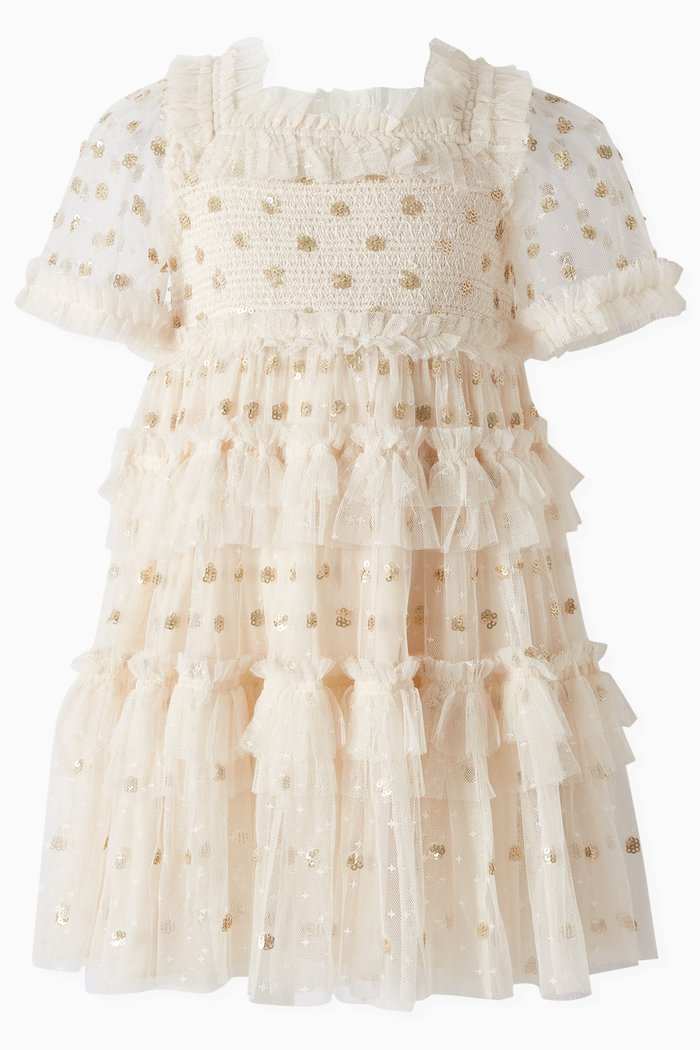 

Polka Dot Smocked Dress in Recycled Polyester, Neutral