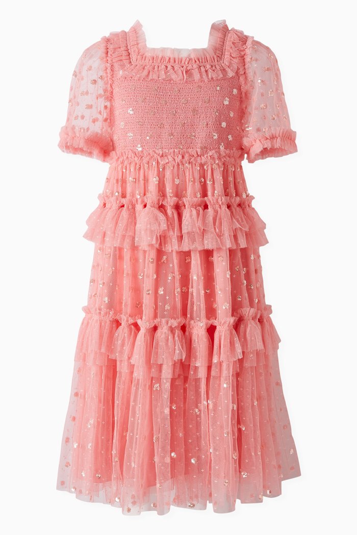 

Polka Dot Smocked Dress in Recycled Polyester, Orange
