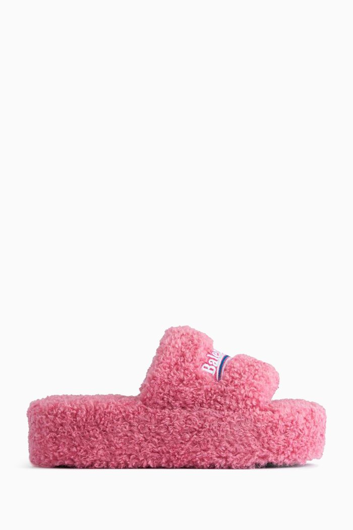 Furry Platform Slide Sandals in Faux Shearling, Pink