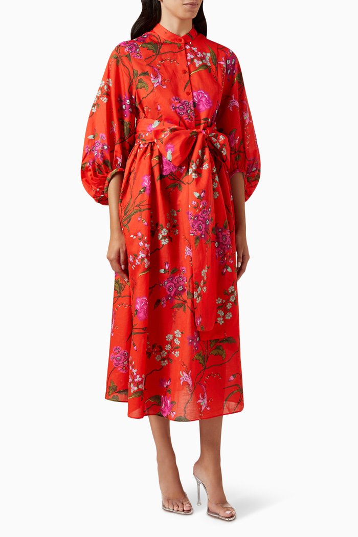 

Printed Belted Midi Dress in Cotton-linen, Red