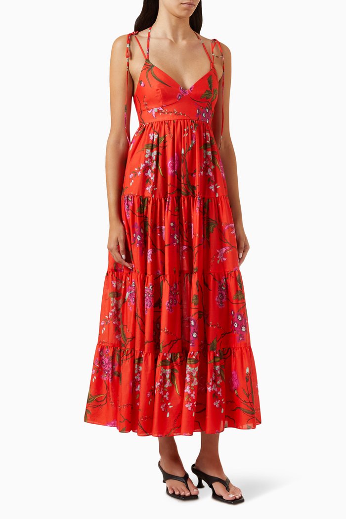 

Floral-print Midi Dress in Cotton-linen, Red
