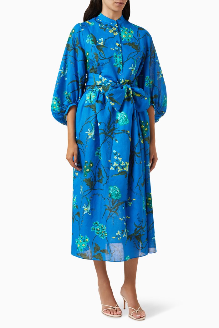 

Belted Midi Dress in Linen, Blue