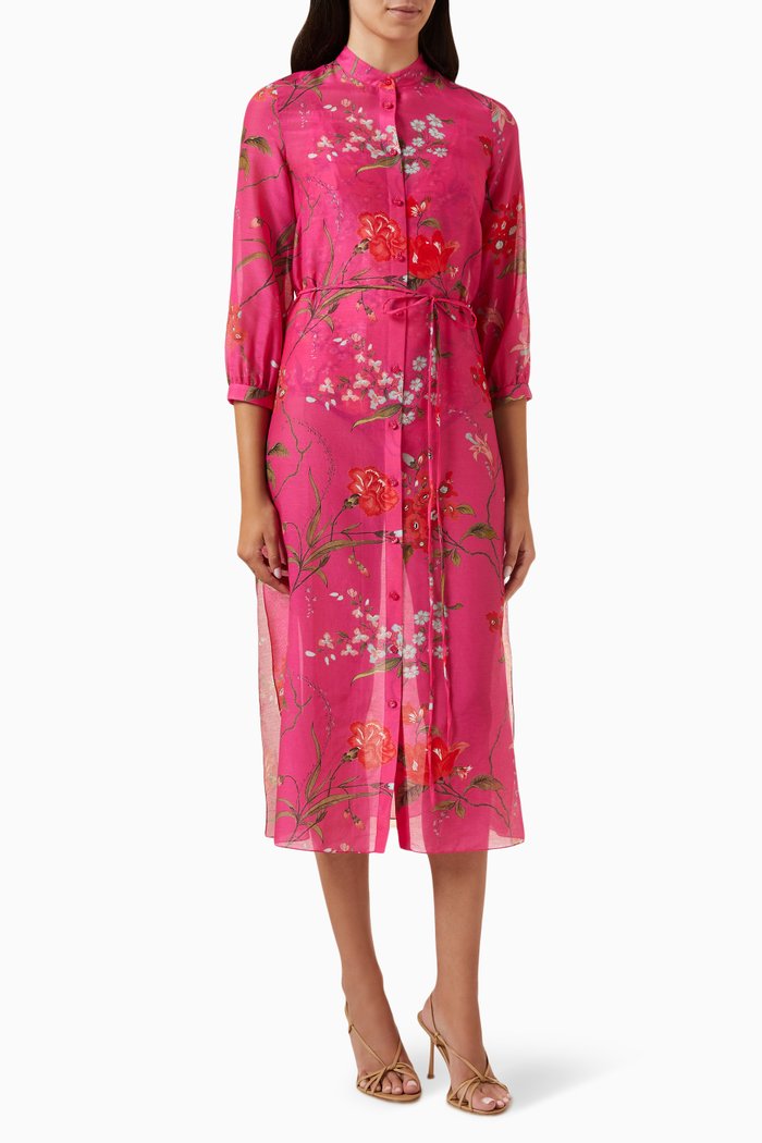 

Floral-print Midi Shirt Dress in Cotton-silk, Pink